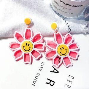 Pink Clear smiley face acrylic flower earrings